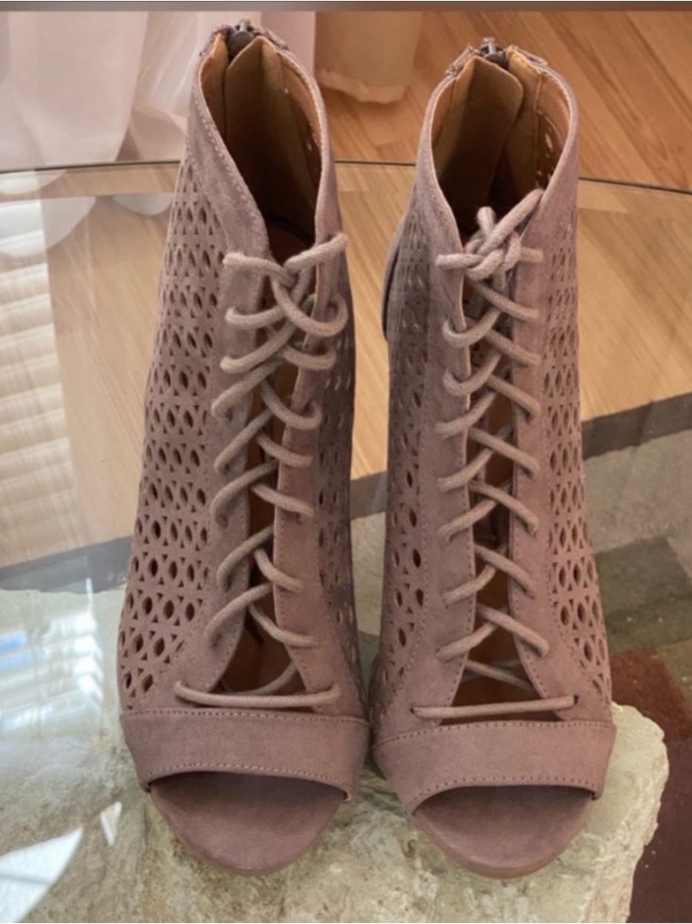 Lace-Up Peep Toe Women’s Booties in Mauve